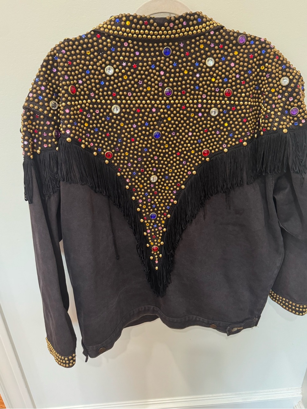 Vintage Cross Walk La denim black jacket with fringe and rhinetones